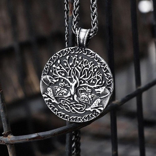 Yggdrasil and Wolves Stainless Steel Viking Pendant - Stainless Steel / Pendant Only