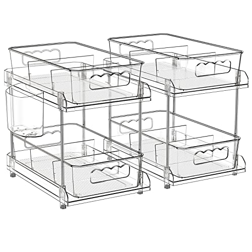 2 Tier Clear Organizer with Dividers, Pantry Organization Multi Purpose Slide-Out Bathroom, Kitchen Medicine Cabniet Bins, Under Sink Organizers and Storage, 2 Pack