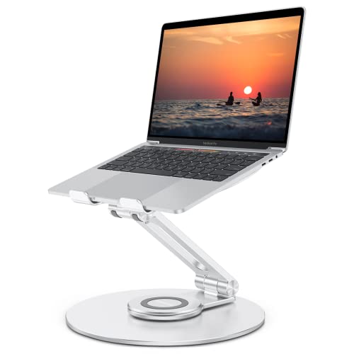 Adjustable Laptop Stand with 360 Rotating Base, OMOTON Ergonomic Laptop Riser for Collaborative Work, Dual Rotary Shaft Fully Foldable for Easy Storage, Fits MacBook / All Laptops up to 16 inches - Silver