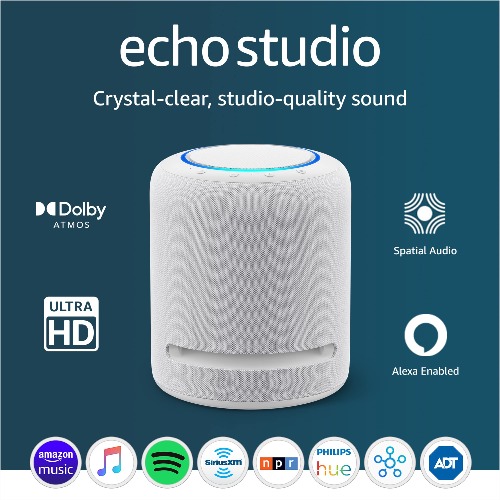 Echo Studio | Our best-sounding smart speaker ever - With Dolby Atmos, spatial audio processing technology, and Alexa | Glacier White - Glacier Device only