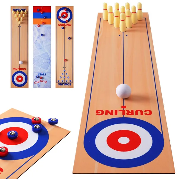 3 in 1 Table Top Shuffleboard Pucks and Bowling Ball and Curling Games with 8 Rollers