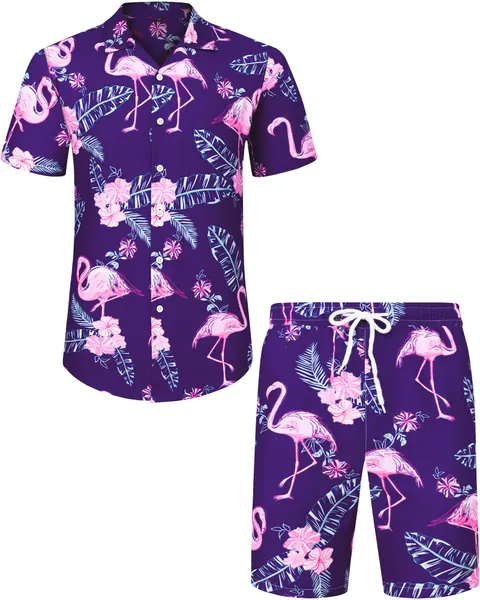 J.VER Mens Hawaiian Shirts and Shorts Set Short Sleeve Regular Fit Funky Beach Shirts Suits Flower Flamingo Summer Party