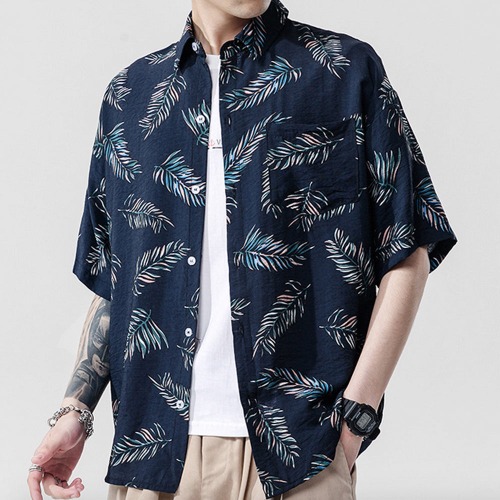 Mens Oversized Navy Floral Hawaiian Shirt - Navy / XL
