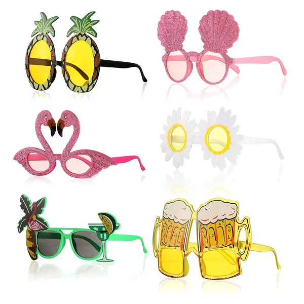 ALTcompluser 6 Pairs Novelty Party Sunglasses, Funny Hawaiian Sunglasses with Different Shapes, Beach Party Glasses, Tropical Sunglasses, Party Photo Prop Supplies for Childen & Adults