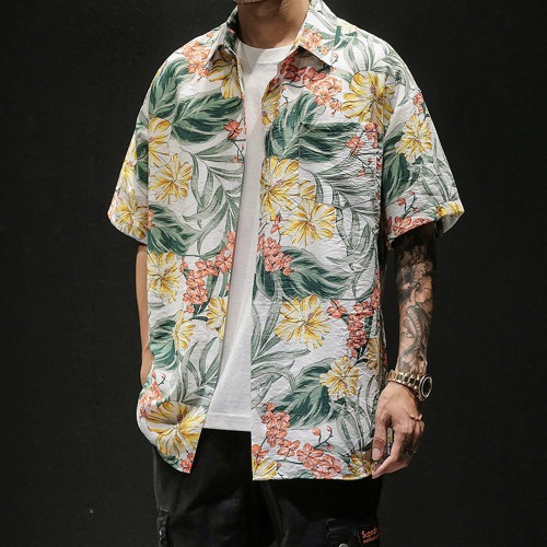 Mens Oversized Tropical Short Sleeve Print Hawaiian Shirt - White / XL