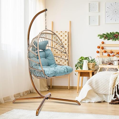 NICESOUL® Swing Egg Chair with Stand Indoor Outdoor Wicker Rattan Patio Basket Hanging Chair with UV Resistant Cushions 350lbs Capaticy for Bedroom Balcony Patio (Blue) - 1 Seat - Golden/Turquoise