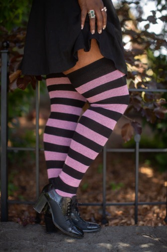 XL Foot Extraordinarily Longer Striped Thigh High | Black/Pink