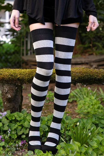 XL Foot Longer Striped Extraordinary Thigh High | Black/Sweet Cream