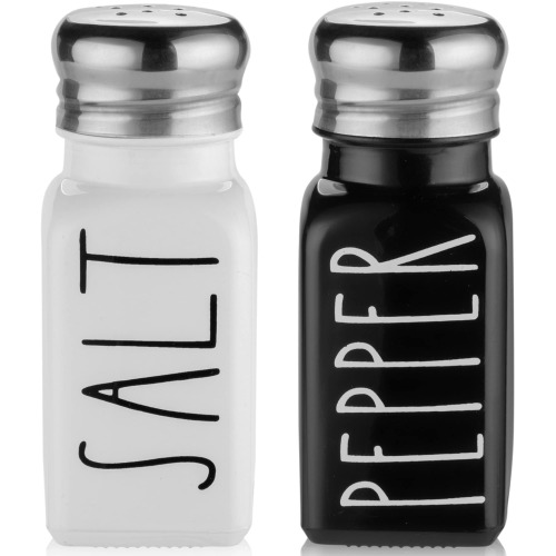 Farmhouse Salt and Pepper Shakers Set by Brighter Barns - Cute Modern Farmhouse Kitchen Decor for Home Restaurants Wedding - Gorgeous Vintage Glass Black White Shaker Sets with Stainless Steel Lids - Black/White