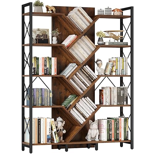 YITAHOME Industrial Tree Bookshelf, Large 5 Tier Bookcase Tall Standing Book Shelves Organizer Display Rack for Bedroom Living Room Office, Rustic Brown - Rustic Brown-left&right Shelves - 11.8"D x 55.1"W x 70.8"H