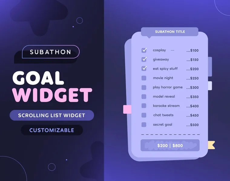 Goal Widget — Scrolling Subathon 20 Goal List  | Cute Notebook Customizable 20 Goal List for Twitch Streamers | Streamelements OBS