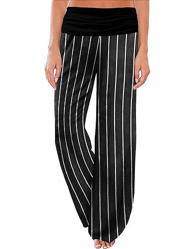 Gracyoga Women's Comfy Pajama Pants Wide Leg Lounge Palazzo Yoga Pants Stretch Casual Floral Print Fold Waist Pants - A-floral05 - X-Large