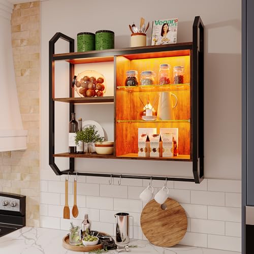 Bestier LED Kitchen Floating Shelves, 34" Industrial Pipe Shelves with Adjustable Glass Shelves, Wall Mounted Shelf with 6 S-Hook Towel Bar, Wine Coffee Bar Rack for Room Decor Rustic Brown - Rustic Brown