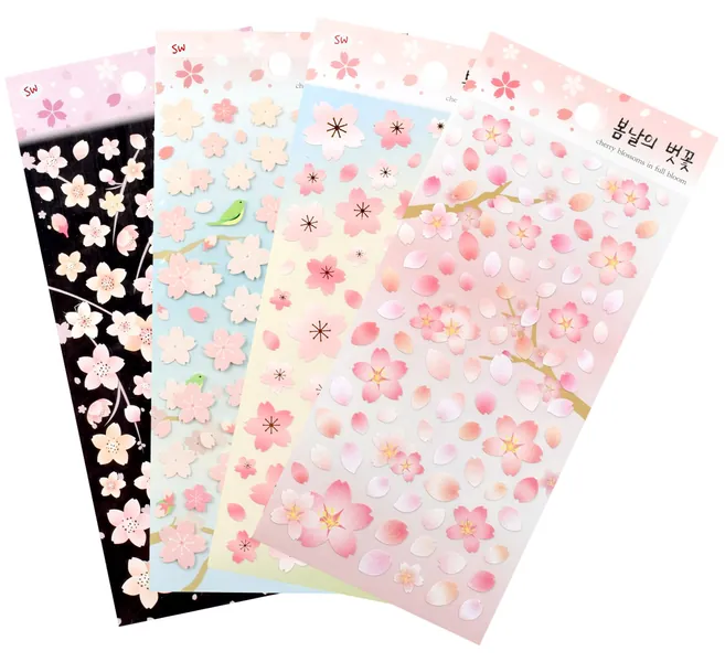 Cherry Blossoms in Full Bloom/Sakura Sticker Sheets (4 Pack) Diary Decoration Sticker Scrapbooking Craft Sticker