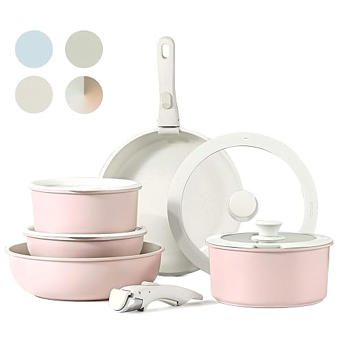 CAROTE Pots and Pans Set, Nonstick Cookware Sets Detachable Handle, 11pcs Induction Kitchen Cookware Set Non Stick with Removable Handle, Oven Safe, RV Cookware Set, Pink Granite - 11 pcs Granite Set - Pink