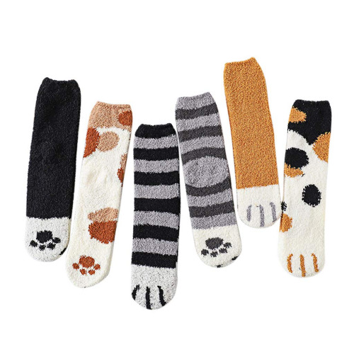 HOLLEuu 6 Pack Cute Cat Claw Design Plush Cozy Slipper Sock for Womens Winter Indoor