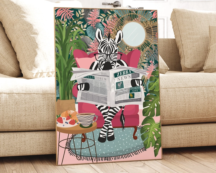 Zebra Reading Newspaper Fun Animal Print, Colourful Botanical Animal Wearing Glasses Wall Art, Tropical Pink Armchair Eclectic Decor A2, A3