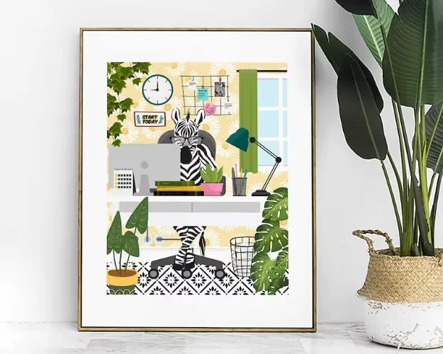 Zebra Work From Home Print, Modern Office Decor, Funny Abstract Office Wall Art, Safari Animal Print, Funny Office Prints, Gift For Friend