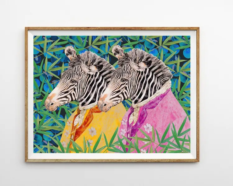 Twin Zebras Large Maximalist Art Print- Eclectic Home decor Funky Colorful Quirky Wall Art