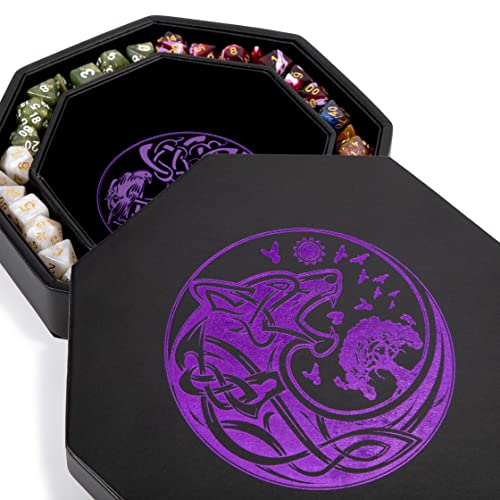 DND Dice Tray - Premium 8 Inch Dice Tray Dungeons and Dragons - Exquisitely Detailed Purple World Tree & Wolf Raven Design - Purple Wolf