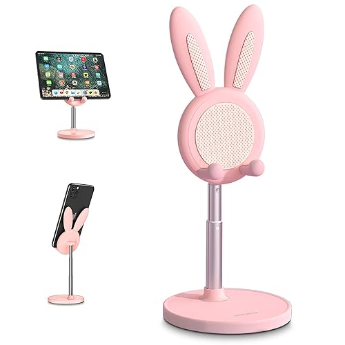 Cell Phone Stand,Angle Height Adjustable nediea Cell Phone Stand for Desk,Cute Rabbit Phone Holder Stand for Desk, Compatible with All Mobile Phones(4-10in) (Pink) - Pink