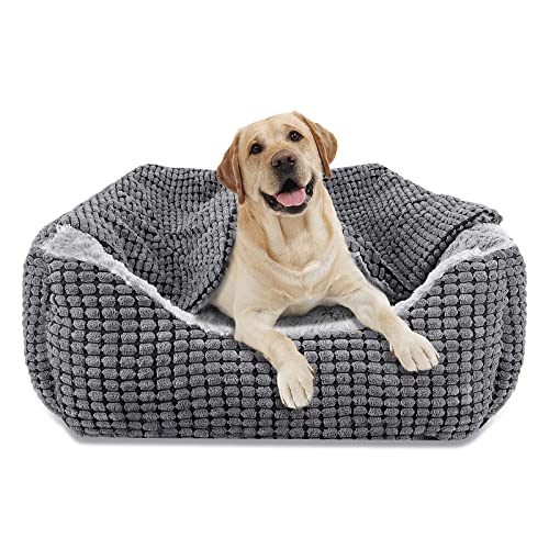 JOEJOY Hundebett für Große Hunde, Hundebett mit Decke Flauschiges Hundekorb Rechteckiges Haustierbett rutschfest Waschbar Hundebetten, 89x64x23cm, Hundesofa Passt bis zu 27kg Haustiere - L 89 x B 64 x H 23 cm