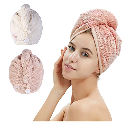 M-bestl 2 Pack Microfiber Hair Towel Wrap,Hair Drying Towel with Button, Hair Towel Turban,Head Towel to Dry Hair Quickly (Pink&Beige) - Pink&beige