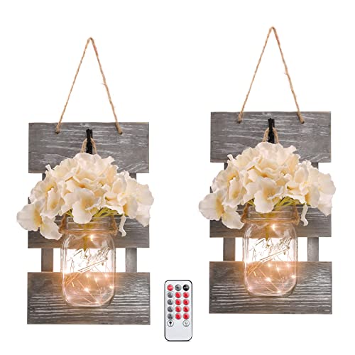 HOMKO Mason Jar Wall Decor with 6-Hour Timer LED Lights and Flowers - Rustic Home Decor (Set of 2) - Gray - Large