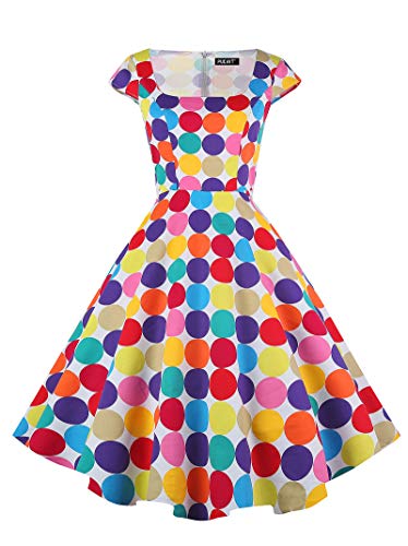 PUKAVT Women's Cocktail Party Dress Cap Sleeve 1950 Retro Swing Dress with Pockets - X-Large - Z-colorful Dot
