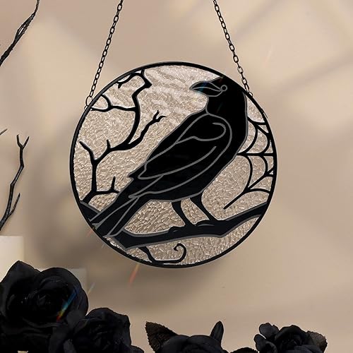 Raven Stained Glass Crow Suncatcher Gothic Window Hangings Black Bird Wall Art Gothic Spooky Ornament Horror Home Decor Witch