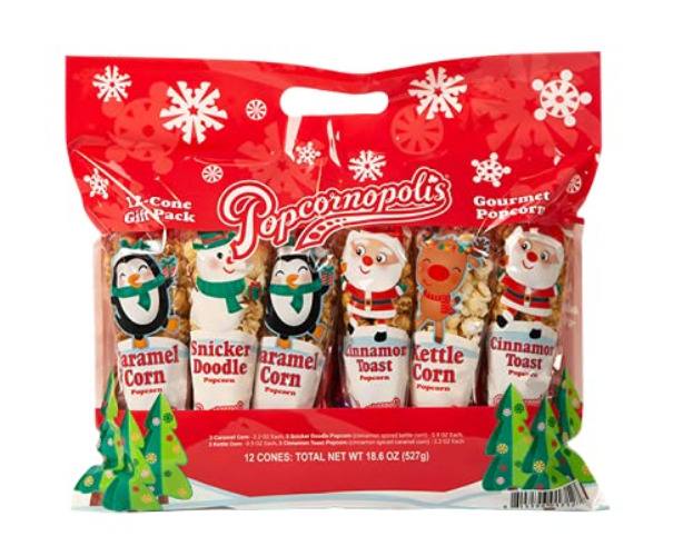 Popcornopolis Gourmet Popcorn Snacks, Holiday12 Cone Variety Snack Packs (Gift Cone) – Perfect Party Favors Including Kettle Popcorn, Cinnamon Toast Popcorn, Caramel Popcorn, and Snickerdoodle Popcorn - Caramel - 1.53 Ounce (Pack of 12)