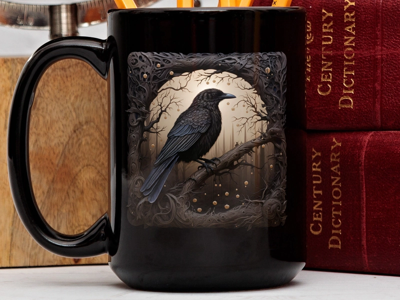 Gothic Raven Mug, Dark Academia Mug, Black Witchy Coffe Cup, Goblincore, Whimsigoth, Black Raven Mug, Gothic Tea Cup, Black Crow Coffee Cup
