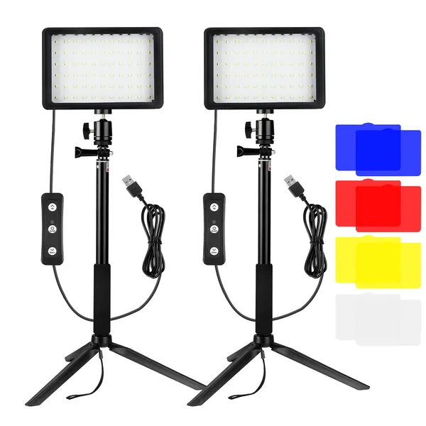 LED Video Light 5600K 2 pack Bonvvie USB Dimmable Camera Light with Adjustable Tripod&Color Filters for Low Angle Shooting Video Conference Lighting, Game Streaming, Zoom, YouTube Video Photography