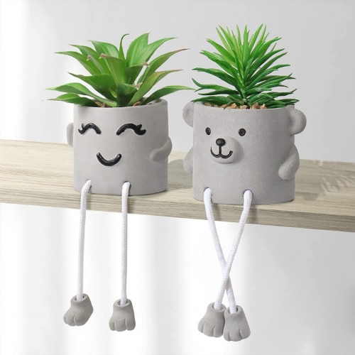 Avoik Artificial Plant for Decor 2pcs Small Faux Plant Potted Cute Indoor Artificial Potted Plant with Leg Plant Fake Succulent for Home Decor Office Table Desk Living Room Shelves (Smiler & Bear)