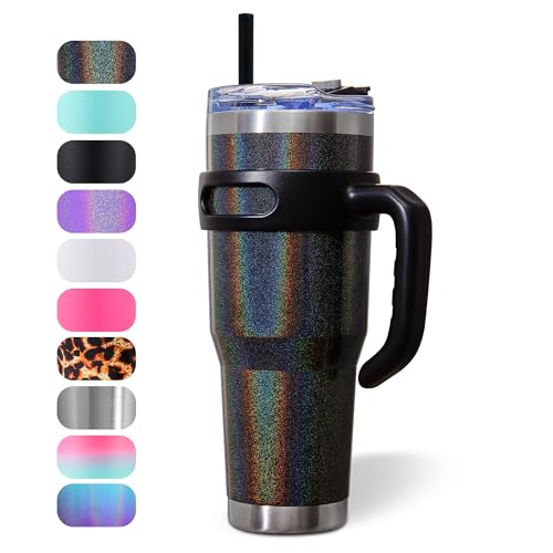 Zibtes 40oz Insulated Tumbler With Lid and Straws, Stainless Steel Double Vacuum Coffee Tumbler With Handle, lovely Travel Cup for Home, Office, Party (Glitter Black 1 pack) - tumbler 40oz (Flip Lid) - Black