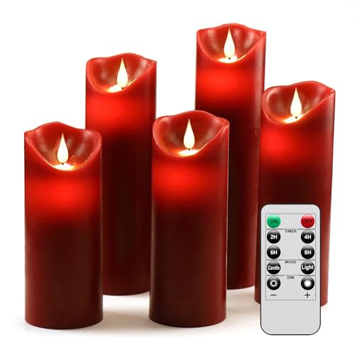  LED Candles,Flameless Candles 5" 6" 7" 8" 9" Set of 5 Real Wax Battery Candle Pillars, Realistic Dancing Mood Candles and 10 Key Remote Control with 24 Hour Timer Function (Burgundy) - Burgundy