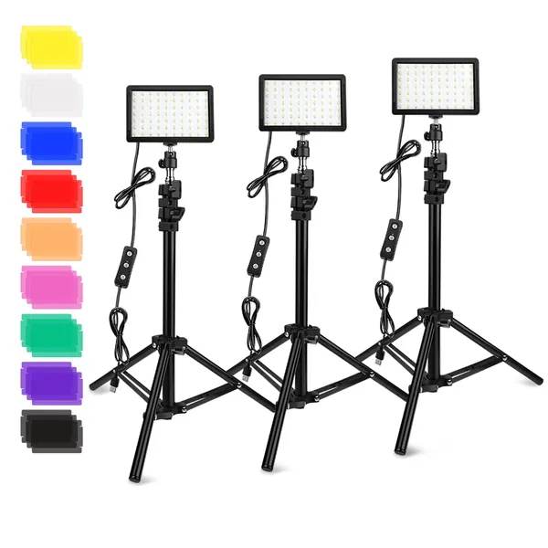 3 Packs 70 LED Video Light with Adjustable Tripod Stand / Color Filters, Obeamiu 5600K USB Studio Lighting Kit for Tablet / Low Angle Shooting, Collection Portrait YouTube Photography - Light