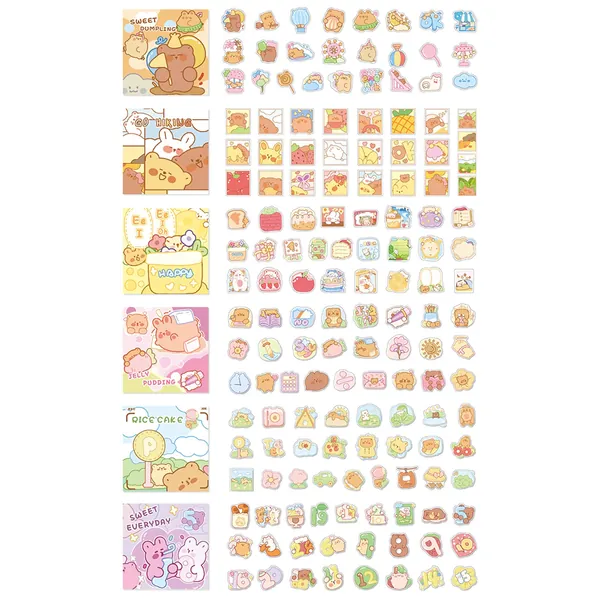 Doraking 300PCS Cute Cartoon Rabbits Decoration Adhesive Paper Stickers for Scrapbook Planners, 6Themes Lovely Rabbits Stickers (Yellow)
