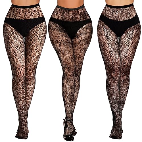 Buauty 3 Pcs Lace Patterned Fishnet Tights for Women Black Fishnets Leggings Lace Tights - One Size - Black*3-1