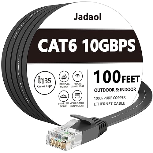 Cat 6 Ethernet Cable 100 ft, Outdoor&Indoor, 10Gbps Support Cat8 Cat7 Network, long Flat Internet LAN Patch Cord, Cat6 Solid Fast Speed weatherproof Cable for Router, Modem, PS4/5, Xbox, Gaming, Black - 100ft - Flat - Black