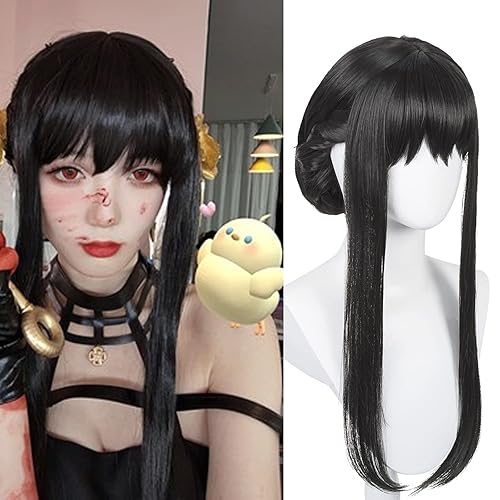 Long Straight Black Wig with Bangs & Bun Black Anime Cosplay Wig Pre-styled Black Costume Wigs Synthetic Hair + Wig Cap for Halloween Party - Black Wig with Bun