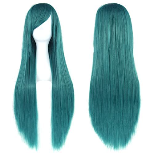 IMISSU 80cm Long Straight Natural Hair Cosplay Wigs with Bangs Colorful Halloween Costume Party Wig for Girl (Green) - Green