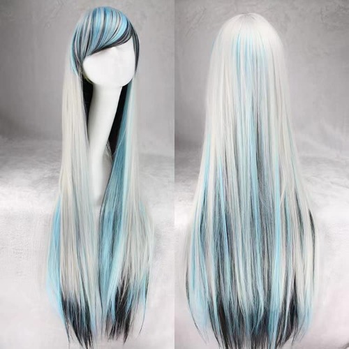 NEJLSD Long Straight Hair Oblique Bangs Anime Fashion Wig for Cos Party 40 Inch (Mixed color)