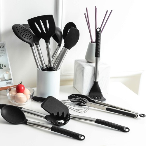 Rorence Silicone Cooking Utensil Set: 12 Pieces Kitchen Utensils Non-Stick & Heat Resistance Silicon And Stainless Steel Handles - Black