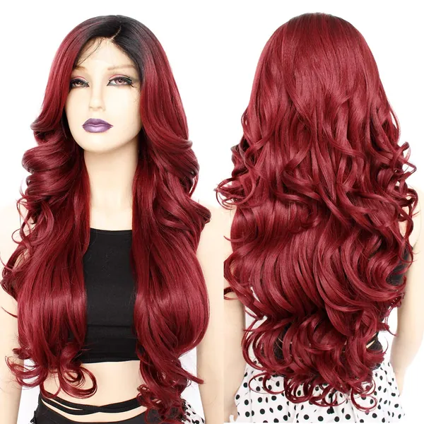 Ebingoo Red Lace Front Wig With Baby Hair Dark Roots Ombre Red Wigs Burgundy Long Body Wavy Hair for Daily Wear Party - Ombre Red