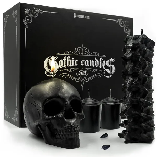 GAVIA Skull Candle Set - Scented 4 Pack - Gothic Decor - Goth Room Decor - Black Skull Decor for Home - Horror Decor - Spooky Home Decor - Gothic Home Decor - Goth Decor - Halloween Decor - Emo Decor - Black