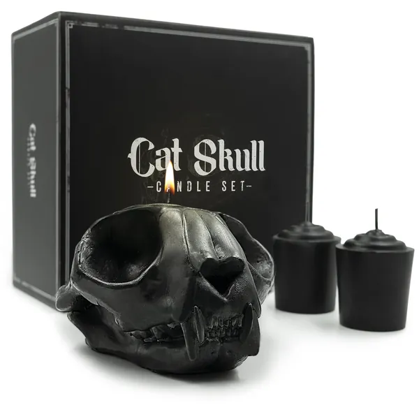 Gavia Cat Skull Candle Set - Scented 3 Pack - Halloween Black Cat Decor for Home - Victorian Gothic Decor for Home - Goth Decor Bedroom - Cute Cat Candle - Cat Skeleton Candle - Creepy Spooky Gifts - Black