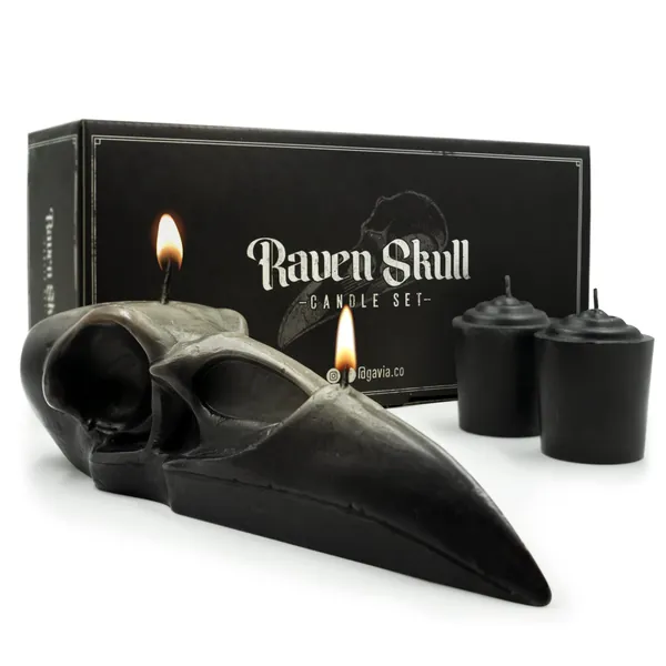 GAVIA Raven Skull Candle Set - Scented - Gothic Decor - Witchy Room Decor - Goth Bedroom Decor - Skull Decor - Horror Decor - Spooky Home Decor - Gothic Home Decor - Witch Decor - Halloween Home Decor - Black