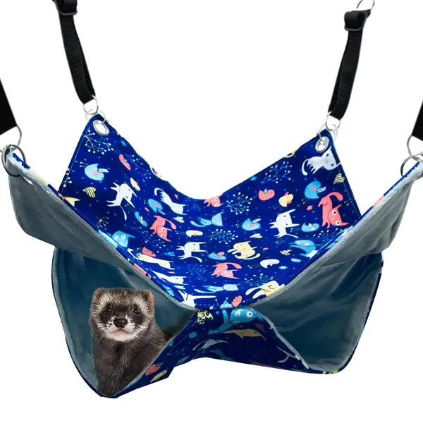 FULUE Ferret Rat Hammock Bed, Ferret Guinea Pig Nation Cage Accessories Kit Set Staff House and Hideouts Cave for Guinea Pig Ferret - Blue 13.8x13.8inch