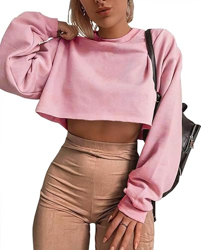 Artfish Women's Crewneck Long Sleeve Crop Tops Workout Casual Pullover Loose Sweatshirts - Large - Pink